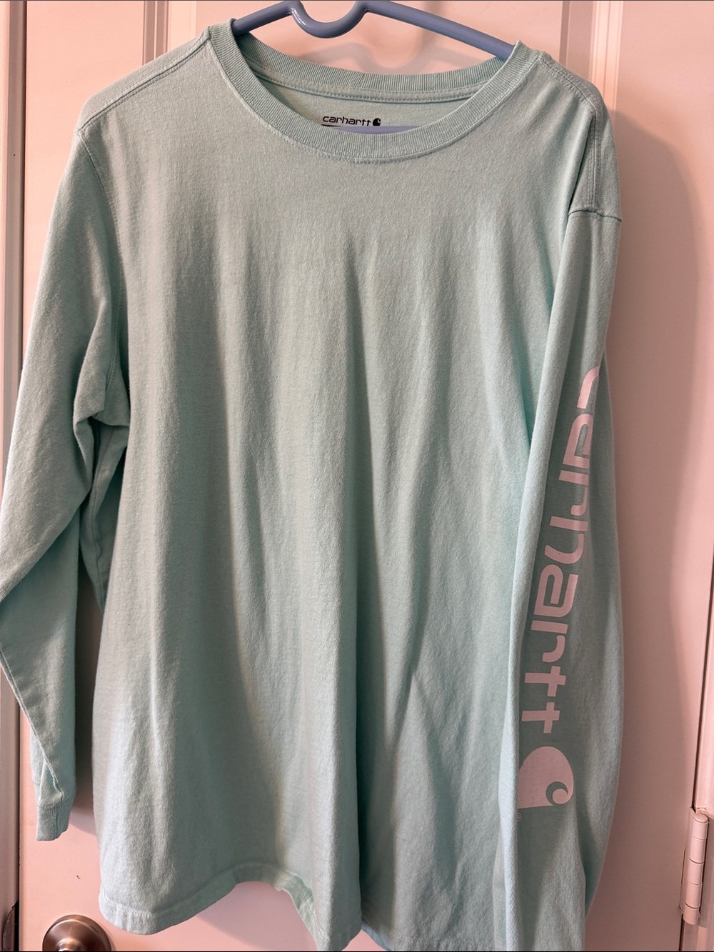 Carhartt Women’s Long-Sleeve Tee in Mint Green with Sleeve Logo